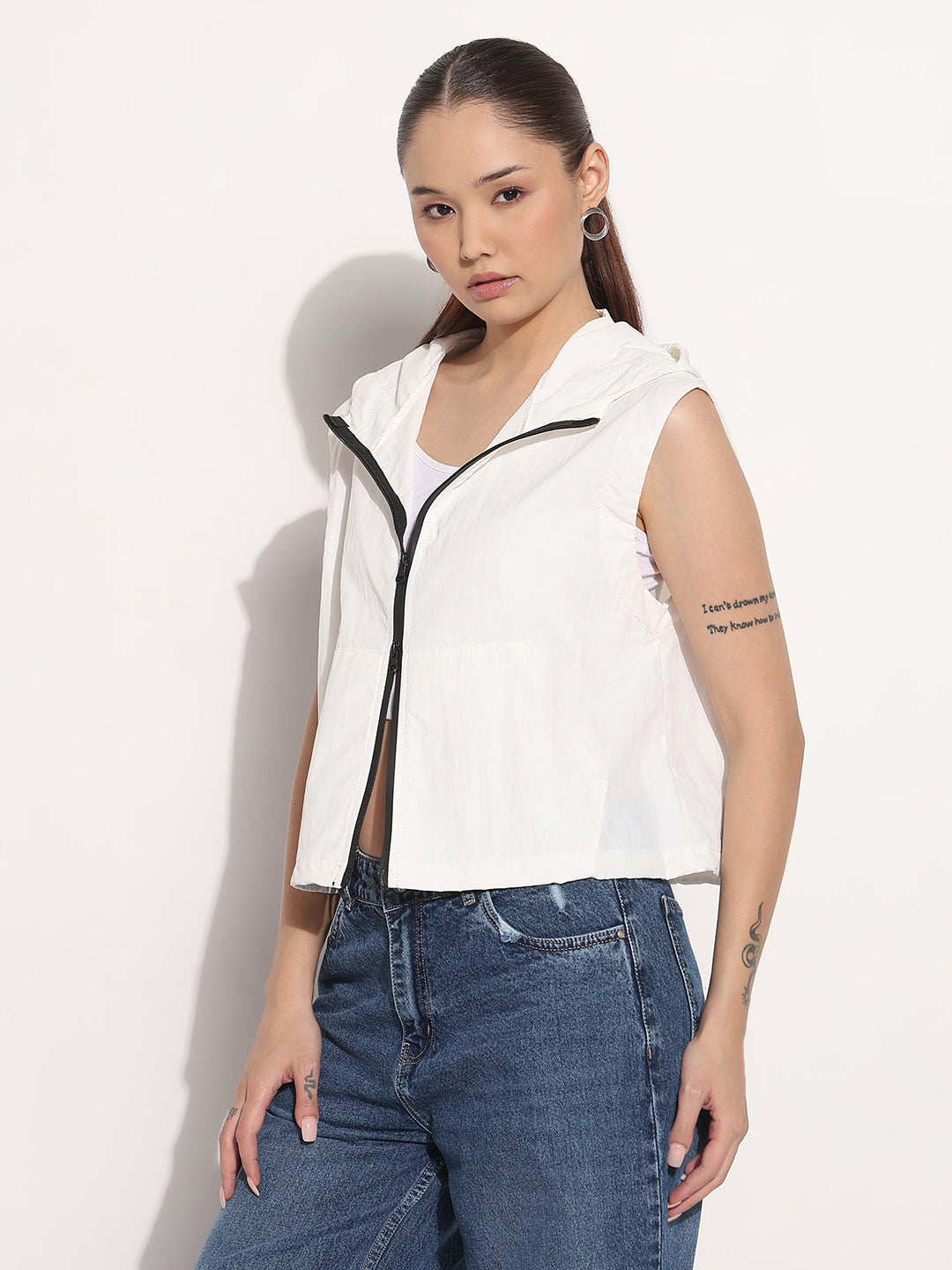 Women's White Hooded Sleeveless Bomber Jacket