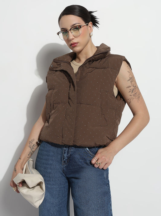 Women's Brown Mock Collar Studded Zipper Puffer Jacket