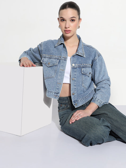 Women's Embellished Blue Spread Collar Relaxed Fit Denim Jacket