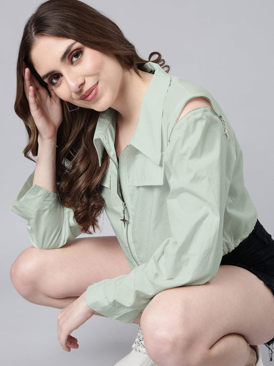 Women's Cotton Green Crop Tailored Jacket