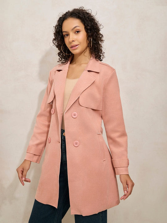 Women's Peach Trench Coat with Shoulder Flaps
