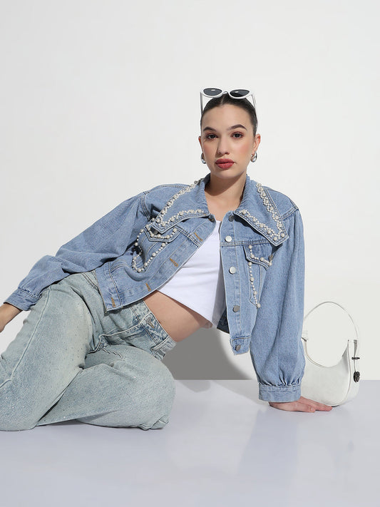 Women's Embellished Blue Spread Collar Relaxed Fit Denim Jacket