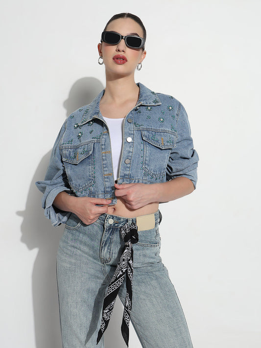 Women's Embellished Blue Spread Collar Relaxed Fit Crop Denim Jacket