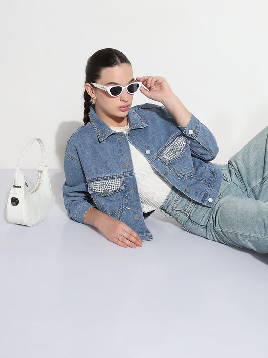 Women's Embellished Blue Spread Collar Relaxed Fit Denim Jacket