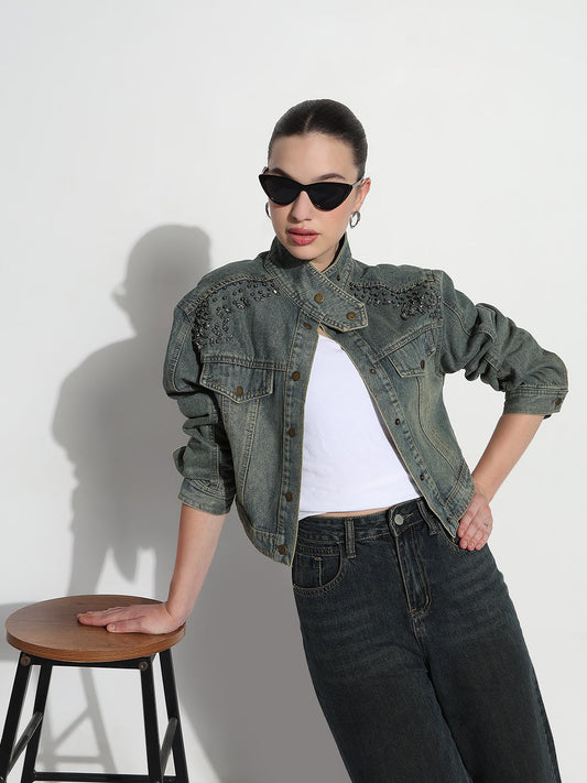 Women's Embellished Blue Stand Collar Relaxed Fit Denim Jacket