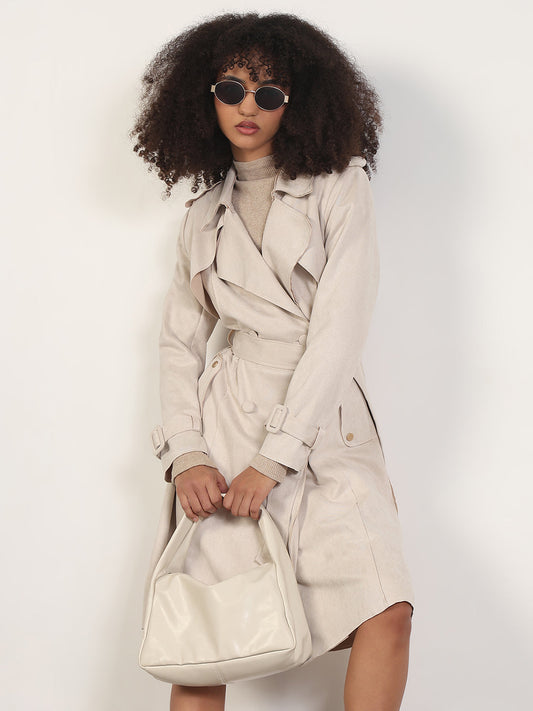 Women's Solid Beige Lapel Collar Longline Trench Coat with Fabric Belt and WristBelt