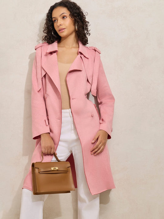 Women's Pink Trench Coat with Shoulder Flaps and Belt