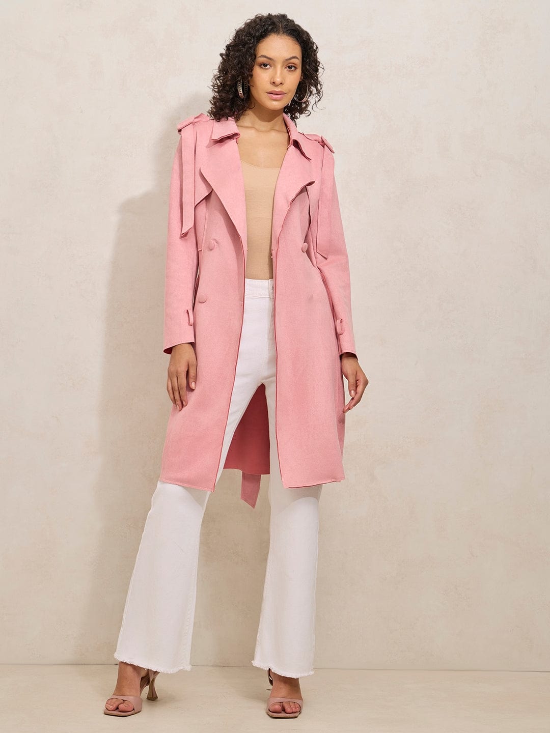 Women's Pink Trench Coat with Shoulder Flaps and Belt