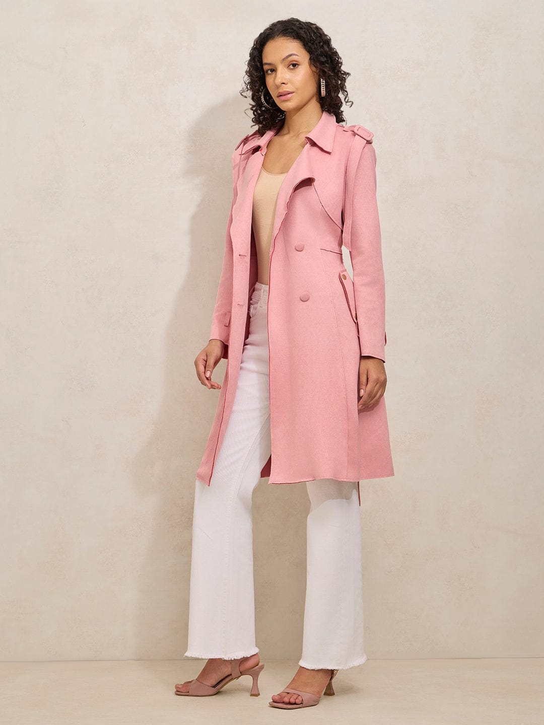 Women's Pink Trench Coat with Shoulder Flaps and Belt