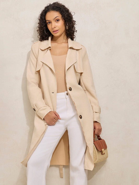 Women's Cream Trench Coat with Shoulder Flaps and Belt