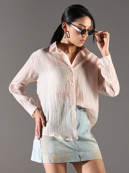 Women's Peach Comfort Relaxed Fit Cutaway Collar Textured Cotton Casual Shirt