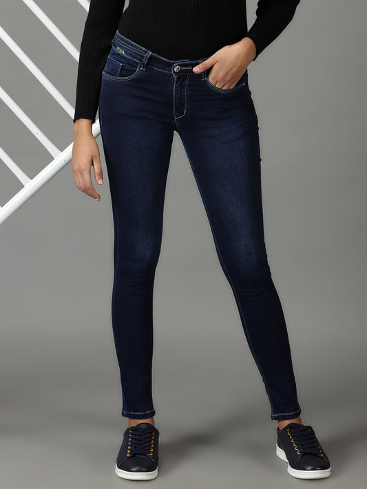 Women's Navy Blue Shade Clean Look Light Fade Slim Fit Acid Wash Stretchable Cotton Jeans