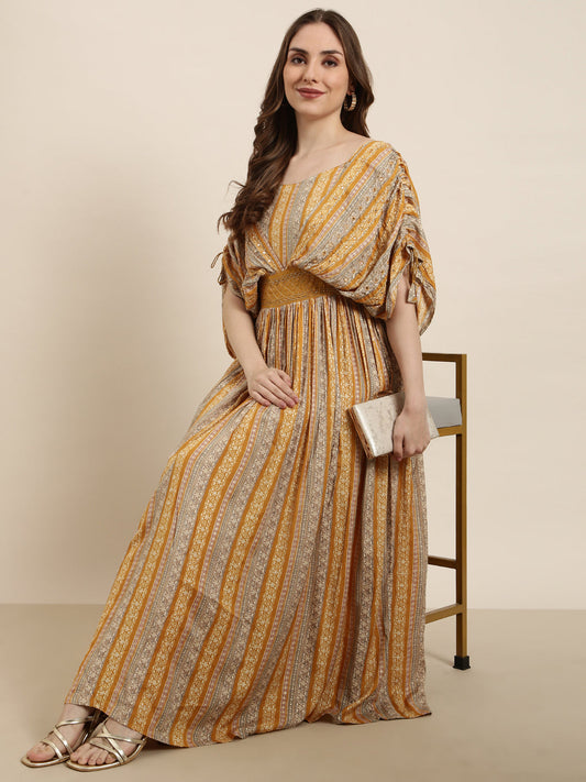 Women's Mustard Floral Printed Square Neck Cape Sleeves Fit and Flare Dress