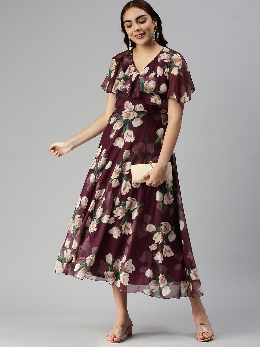 Women's V-Neck Printed Empire Magenta Dress