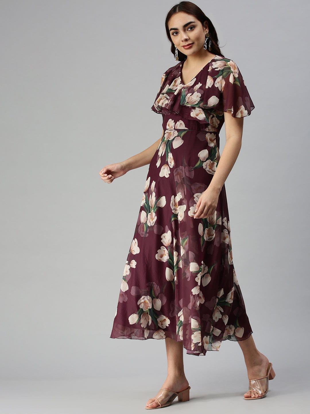 Women's V-Neck Printed Empire Magenta Dress