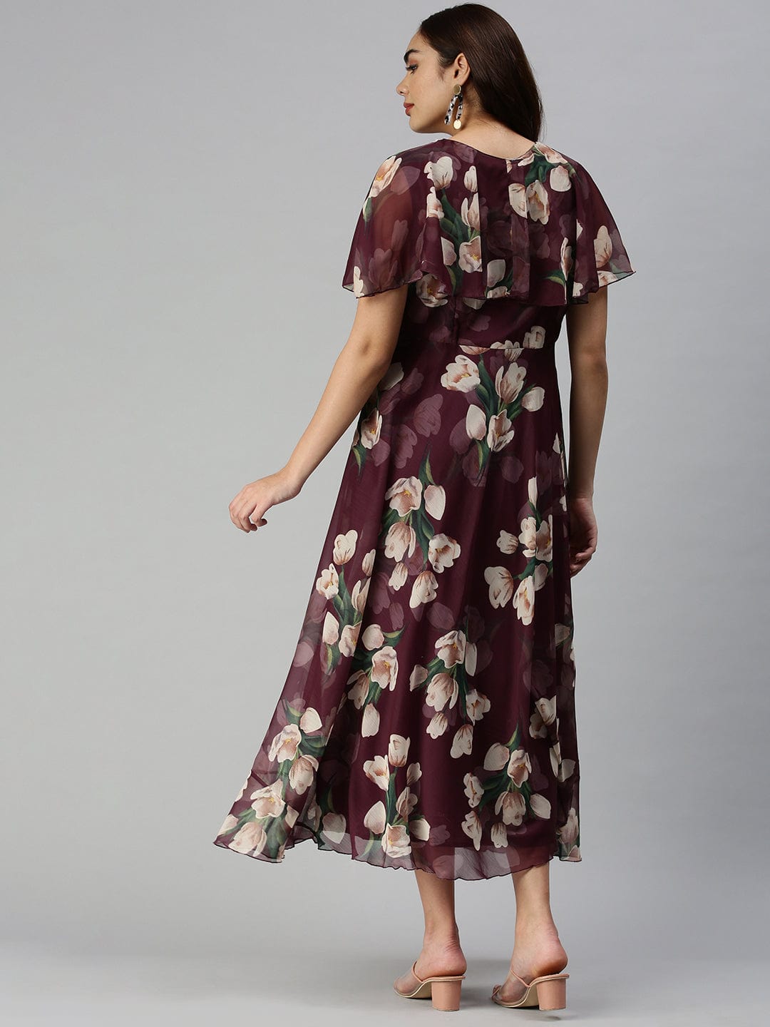 Women's V-Neck Printed Empire Magenta Dress