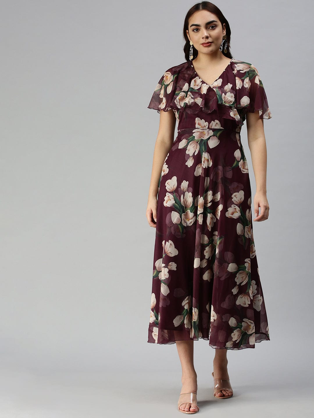 Women's V-Neck Printed Empire Magenta Dress