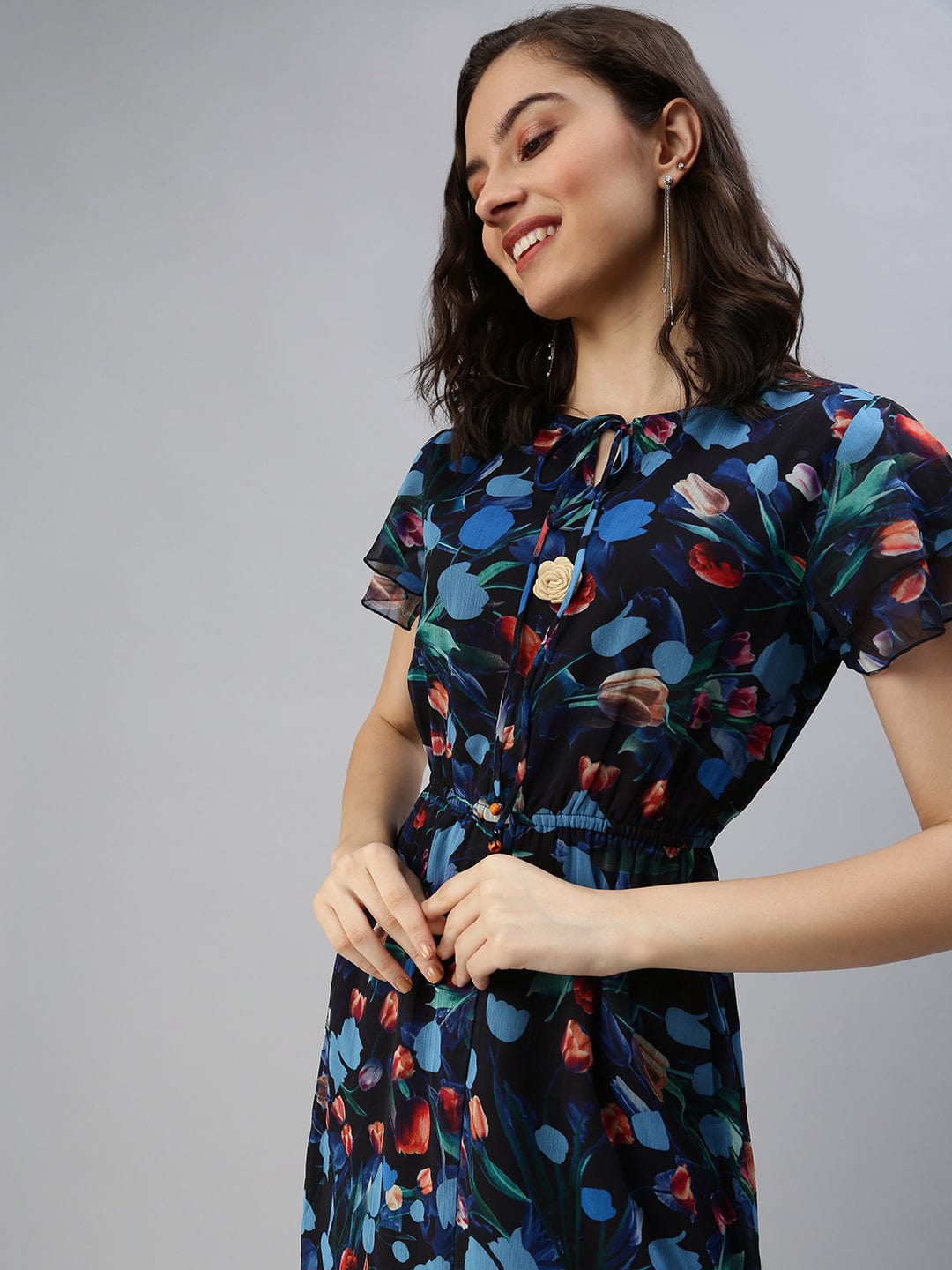 Women's Tie-Up Neck Printed Fit and Flare Blue Dress