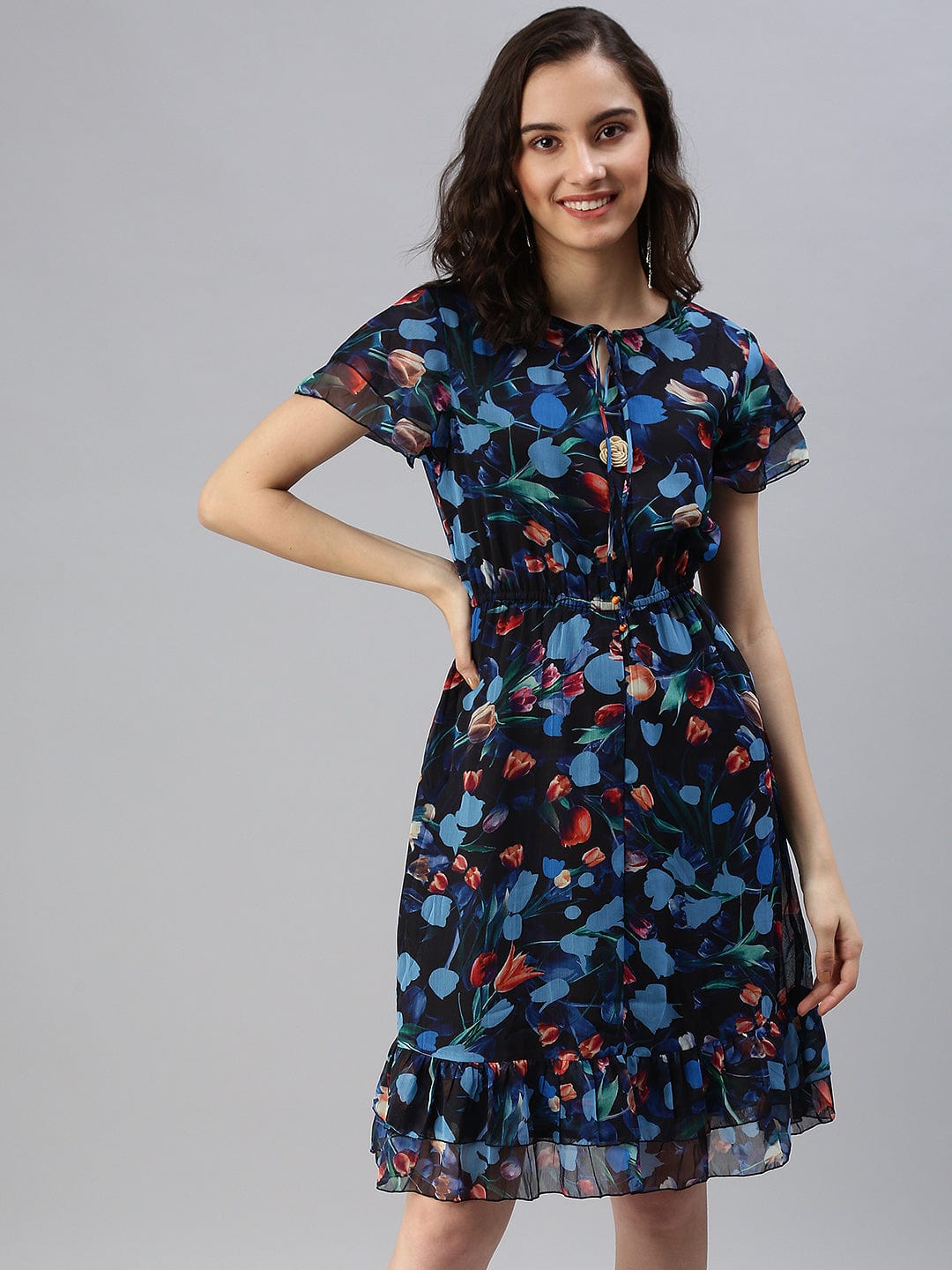 Women's Tie-Up Neck Printed Fit and Flare Blue Dress