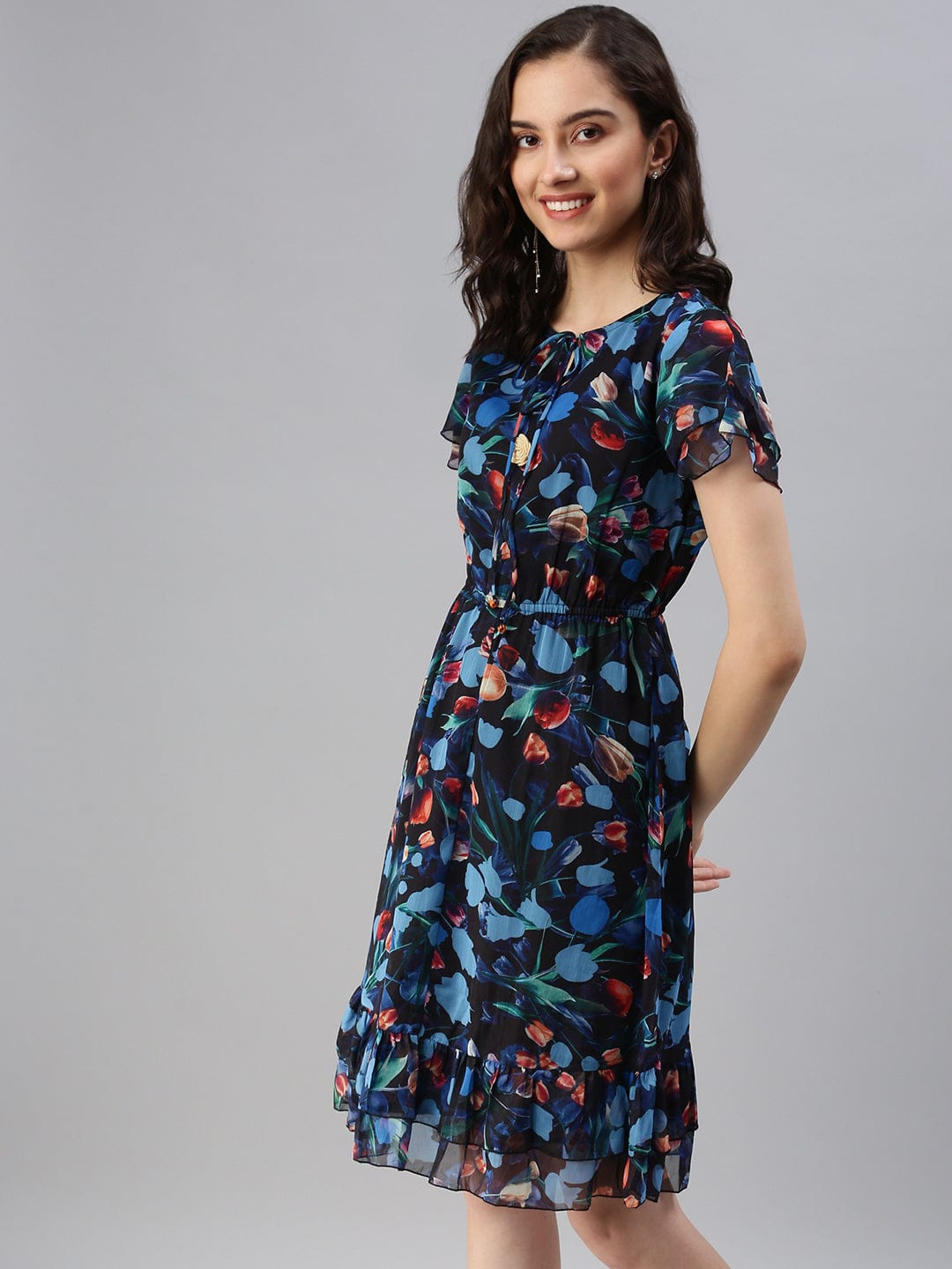 Women's Tie-Up Neck Printed Fit and Flare Blue Dress