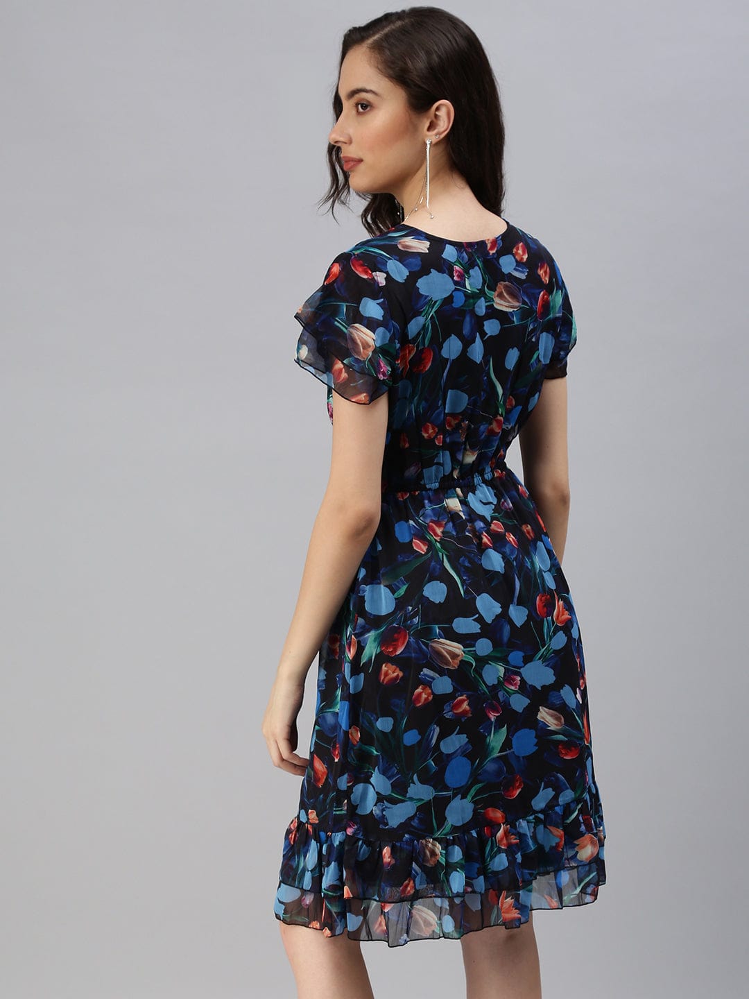 Women's Tie-Up Neck Printed Fit and Flare Blue Dress