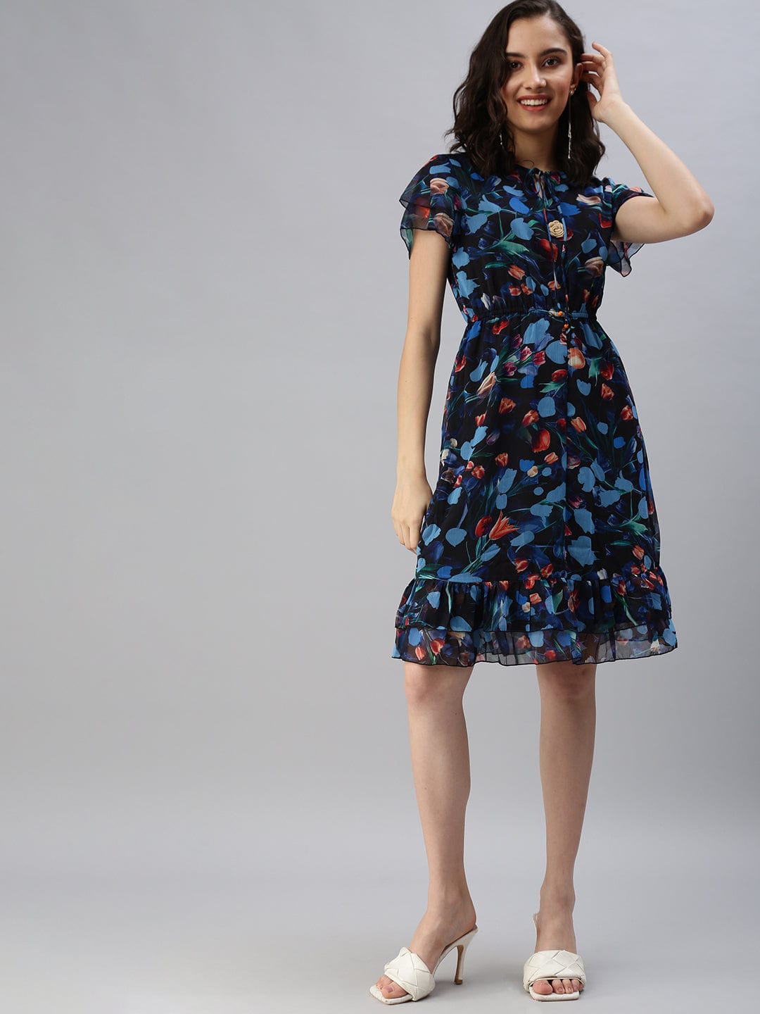 Women's Tie-Up Neck Printed Fit and Flare Blue Dress