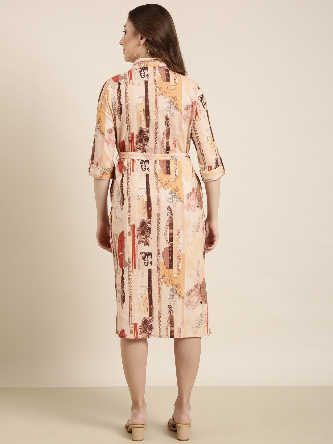 Women's Peach Floral Print Cotton Shirt Collar Shirt Midi Dress