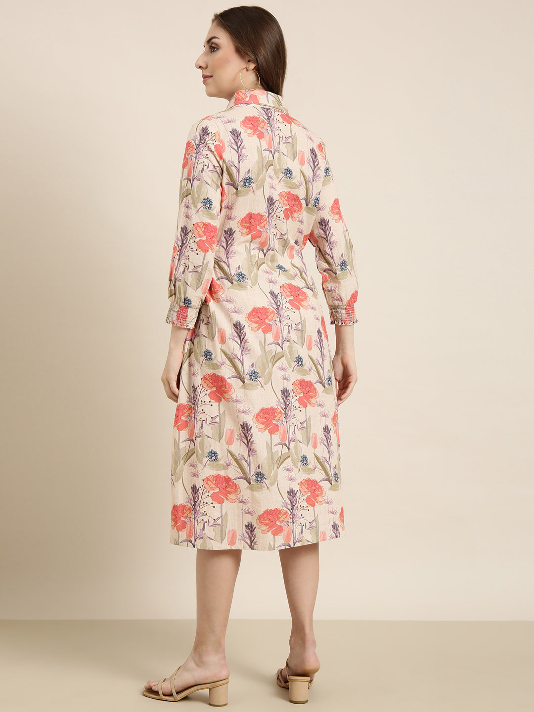 Women's Beige Floral Print Shirt Collar Full Sleeves Smocked Shirt Midi Dress