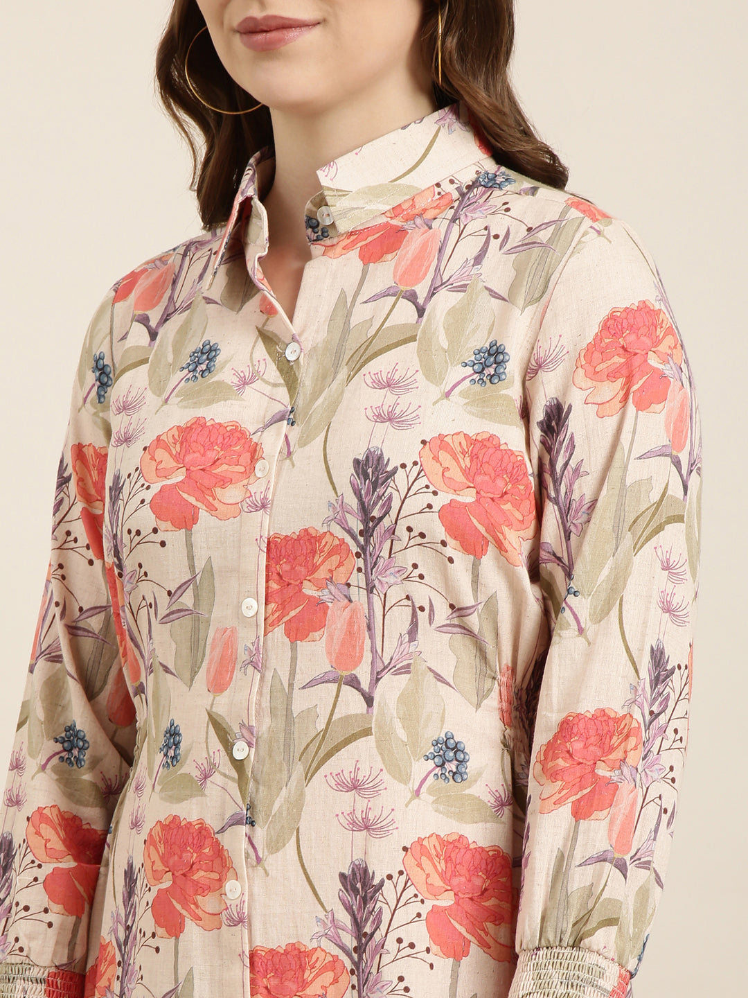Women's Beige Floral Print Shirt Collar Full Sleeves Smocked Shirt Midi Dress