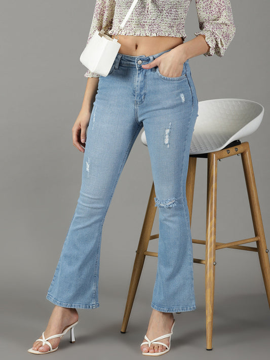 Women's Blue Bootcut High-Rise Mildly Distressed Light Fade Cotton Stretchable Jeans