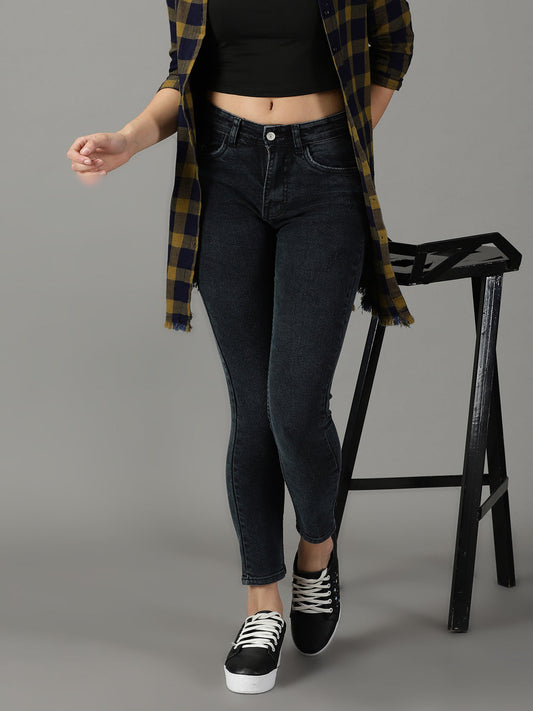 Women's Black Slim Fit High-Rise Acid Wash Stretchable Cotton Jeans