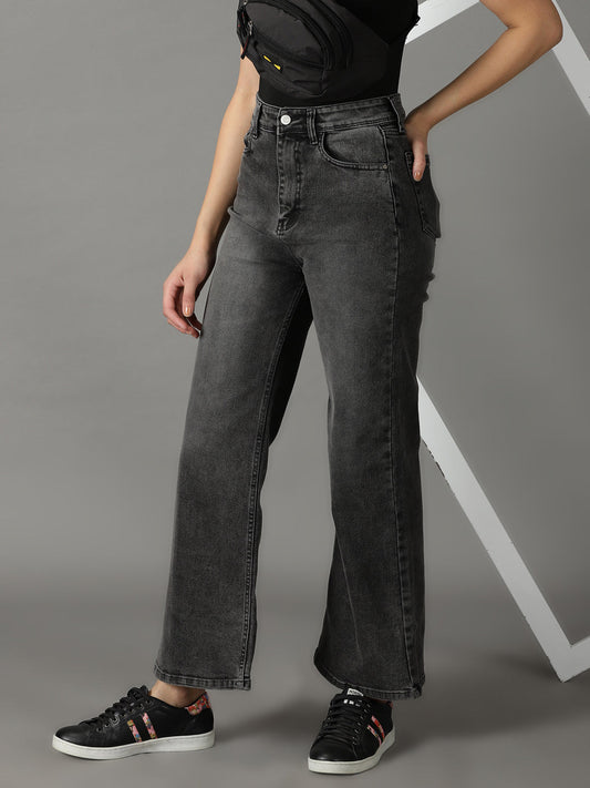 Women's Grey Wide Leg High-Rise Light Fade Acid Wash Stretchable Jeans