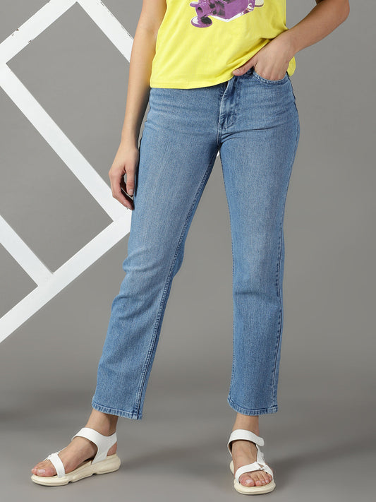 Women's Blue Straight Fit High-Rise Light Fade Acid Wash Stretchable Jeans
