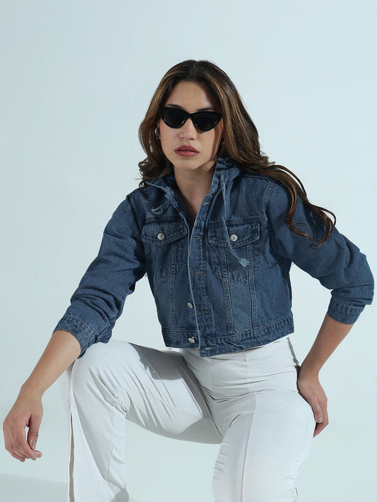 Women's Blue Hooded Relaxed Fit Denim Jacket