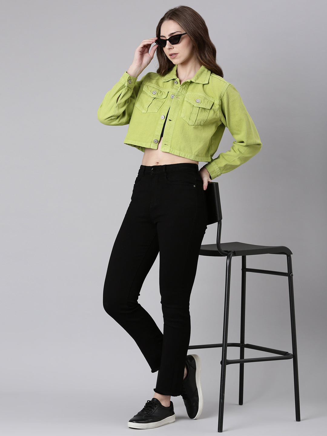 Women's Lime Green Spread Collar Crop Denim Jacket