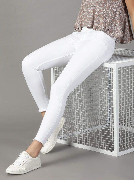 Women's White Skinny Fit Mid-Rise Acid Wash Stretchable Cotton Jeans