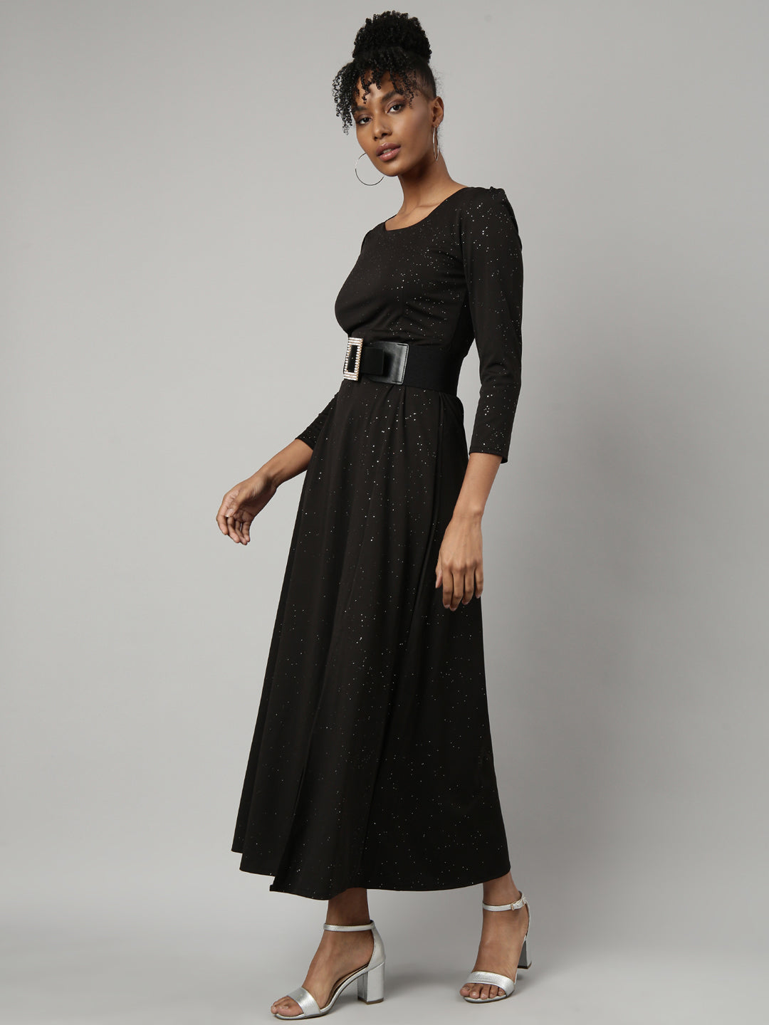 Women's Black Round Neck Regular Sleeves Bling & Sparkly Belted A-Line Dress