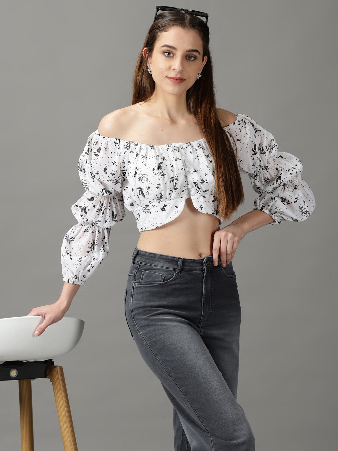 Women's White Floral Print Off-Shoulder Bardot Crop Top