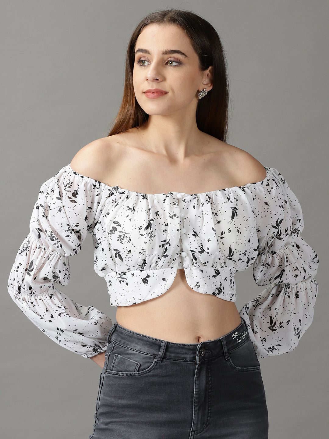 Women's White Floral Print Off-Shoulder Bardot Crop Top