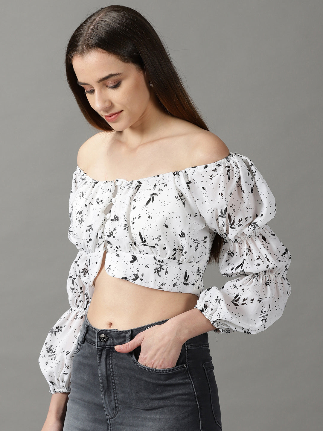 Women's White Floral Print Off-Shoulder Bardot Crop Top