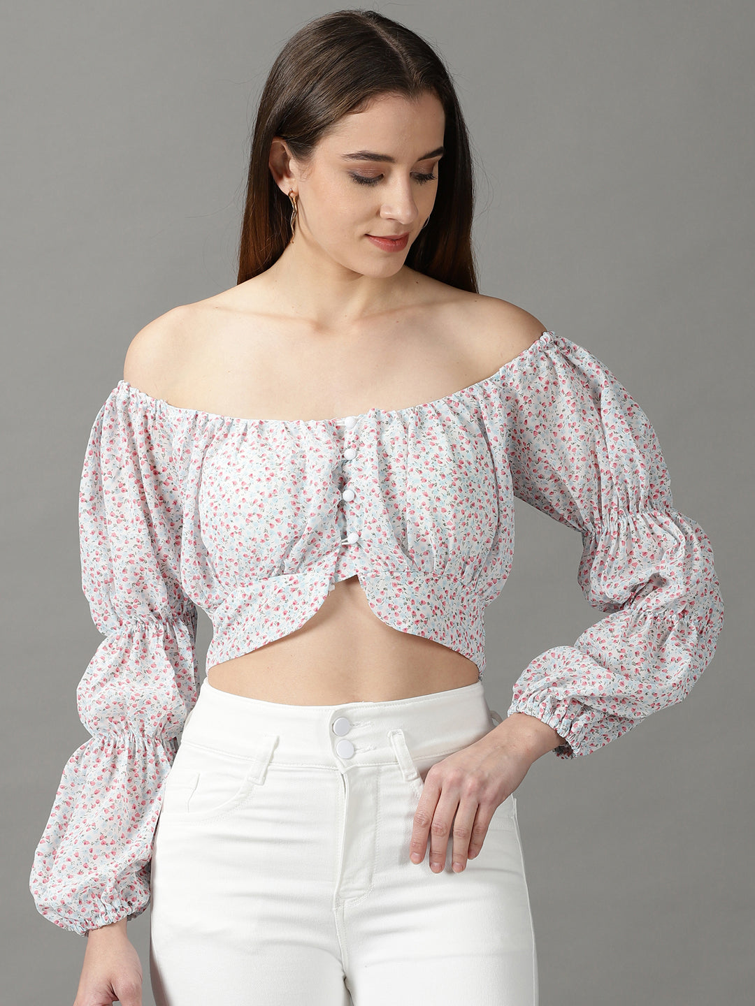 Women's White Floral Print Off-Shoulder Chiffon Bardot Crop Top