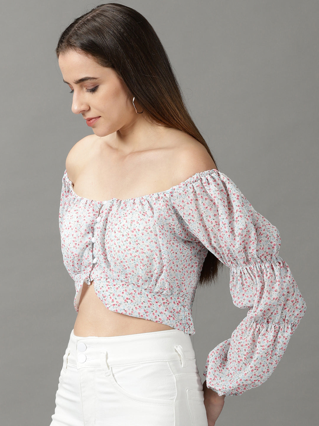 Women's White Floral Print Off-Shoulder Chiffon Bardot Crop Top