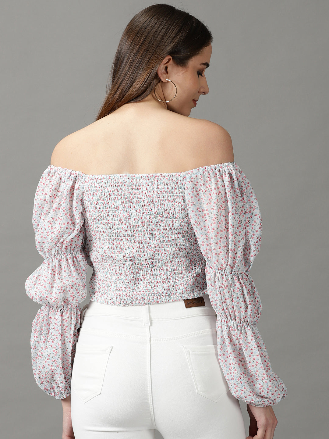 Women's White Floral Print Off-Shoulder Chiffon Bardot Crop Top