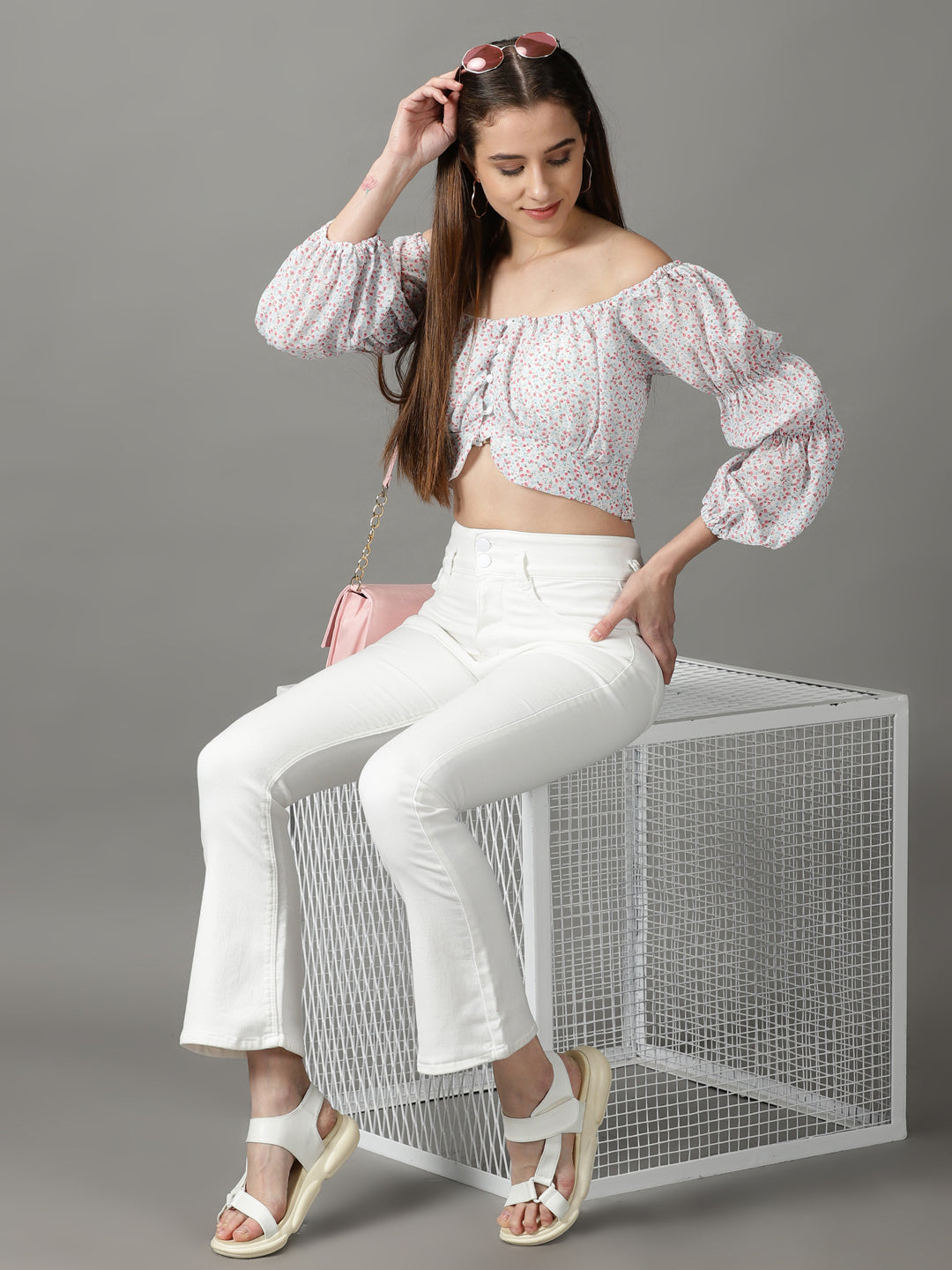 Women's White Floral Print Off-Shoulder Chiffon Bardot Crop Top
