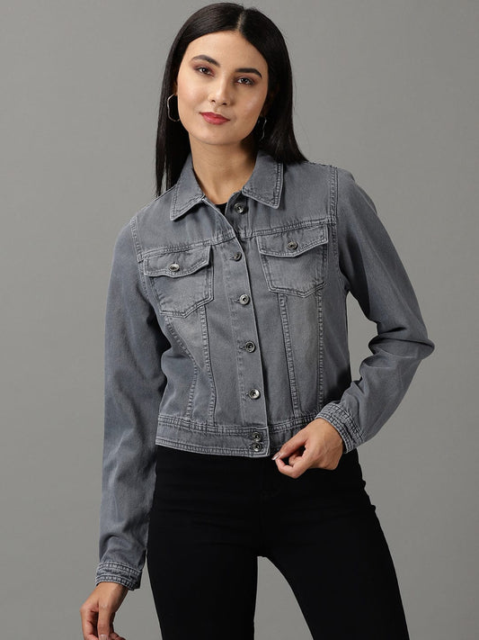Women's Light Grey Spread Collar Regular Denim Jacket