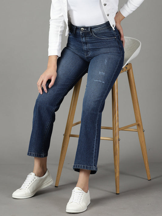 Women's Navy Blue Straight Fit High-Rise Mildly Distressed Light Fade Jeans