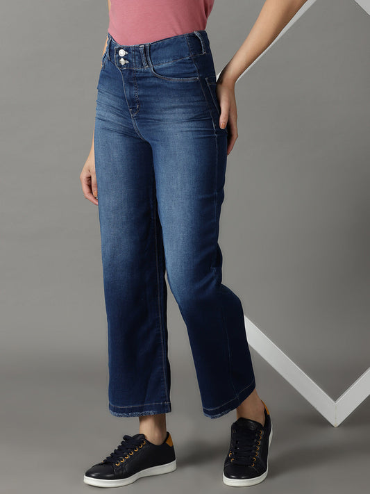 Women's Navy Blue Straight Fit High-Rise Light Fade Stretchable Jeans