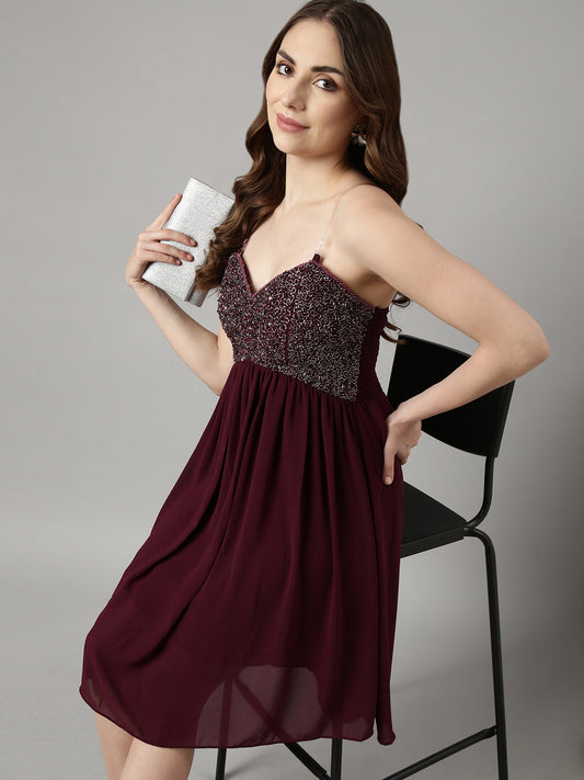 Women's Purple Embellished Shoulder Straps Fit and Flare Dress