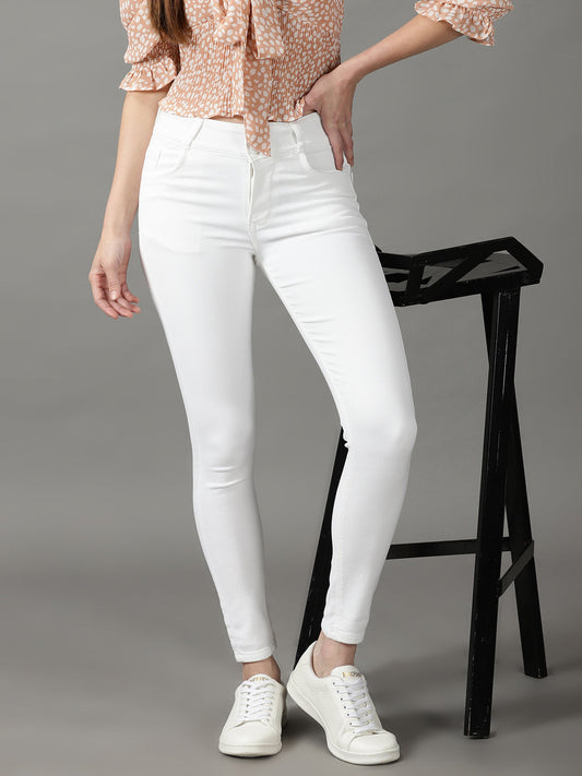 Women's White Skinny Fit Acid Wash Stretchable Cotton Jeans