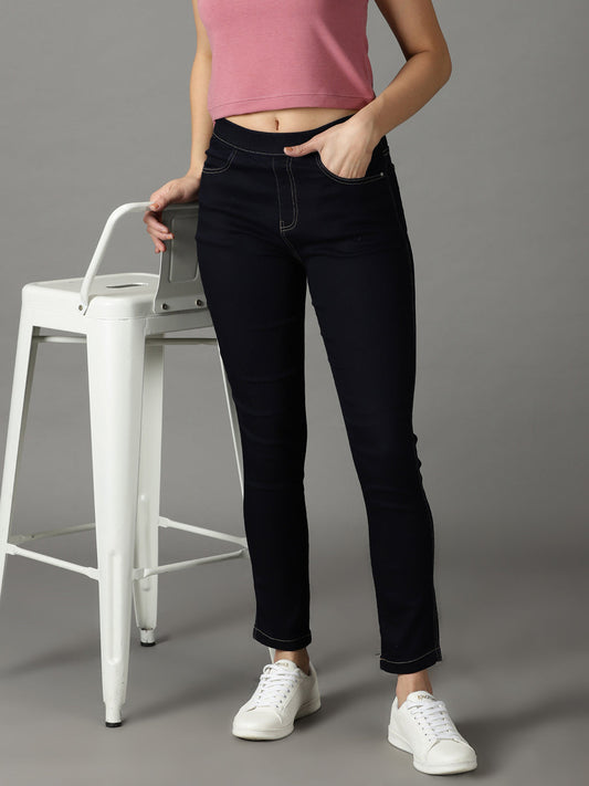 Women's Navy Blue High-Rise Acid Wash Stretchable Jeans